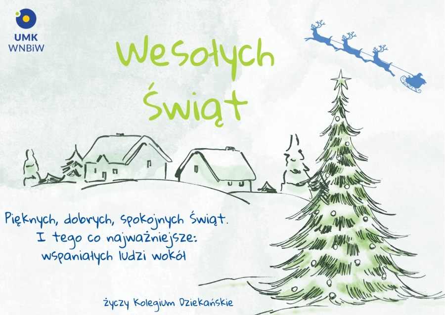 Kartka świąteczna w tonacji zieleni, z motywem drzewka, budynków w oddali i życzeniami: 