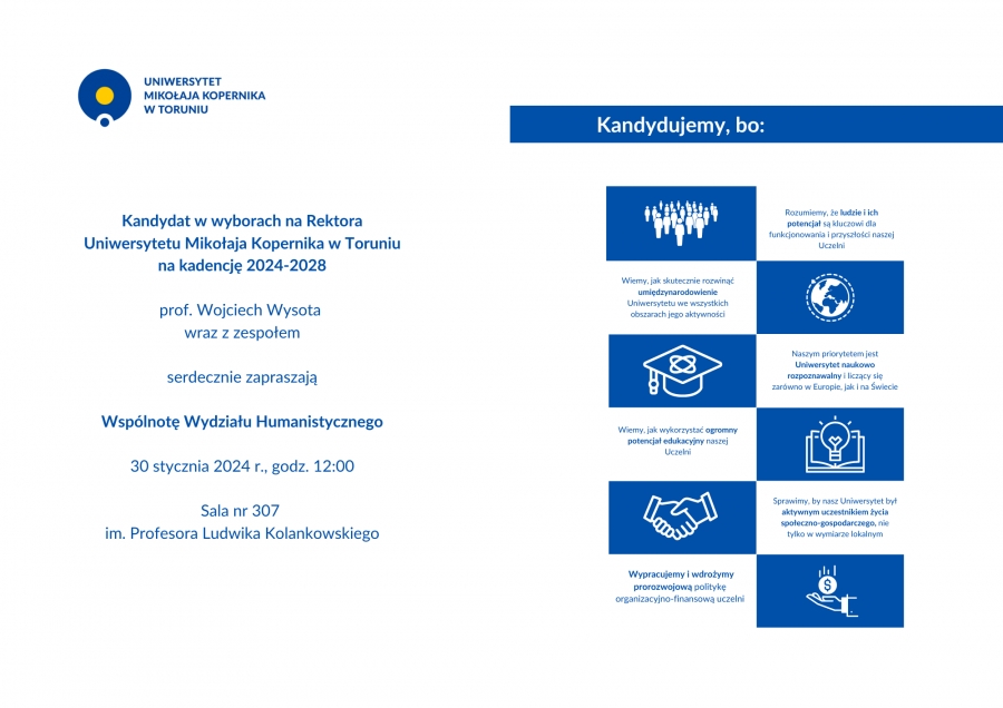 TEKST: Kandydat w wyborach na Rektora Uniwersytetu Mikołaja Kopernika w Toruniu na kadencję 2024-2028  prof. Wojciech Wysota wraz z zespołem  serdeczne zapraszają Wspólnotę Wydziału Humanistycznego  30 stycznia 2024 r., godz. 12.00 sala nr 307 im. prof. Ludwika Kolankowskiego