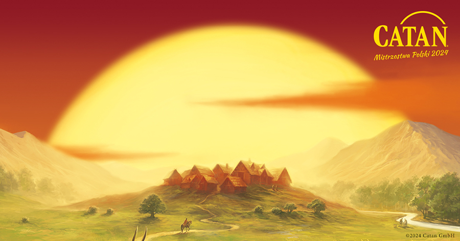 na zdjęciu fragment okładki gry Catan - wiejski widoczek z zachodem słońca
