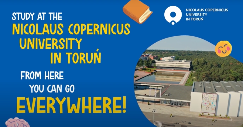 A bird-view of the university campus and text: Study at the Nicolaus Copernicus University in Toruń. From here you can go everywhere!