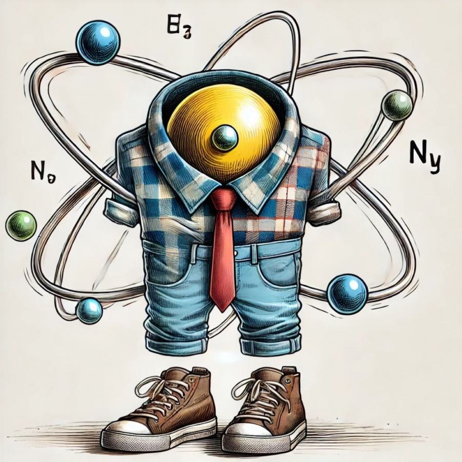 Obrazek przedstawia artystyczną ilustrację modelu atomu z ludzkim akcentem. Jądro atomu jest reprezentowane przez dużą, błyszczącą złotą kulę, otoczoną orbitującymi elektronami, które są przedstawione jako mniejsze niebieskie kule. Struktura atomu jest zintegrowana z elementami ludzkiego ubioru; jądro nosi koszulę z kołnierzykiem, czerwoną krawatkę i coś, co wygląda na dżinsowe spodnie. Poniżej spodni widoczne są dwa brązowe buty, sugerujące nogi. Cały obrazek łączy naukową symbolikę z ludzkimi cechami w zabawny i kreatywny sposób.