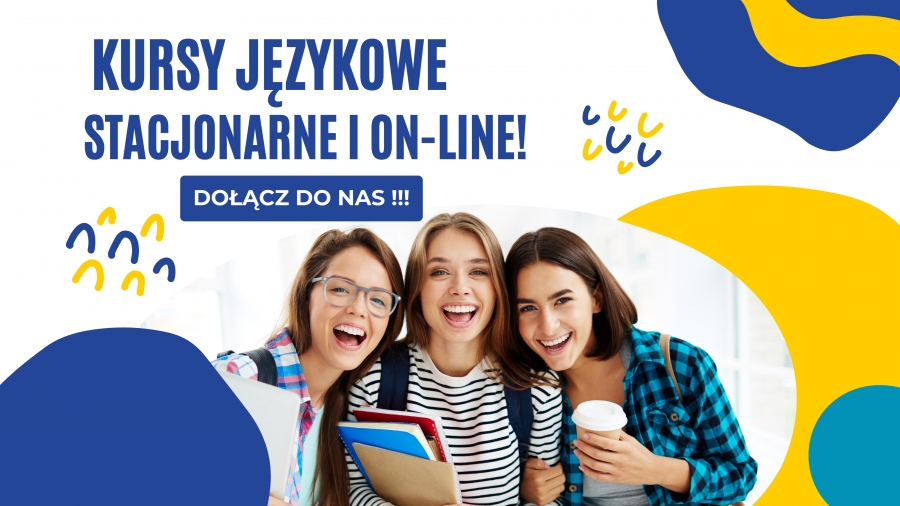 grafika promująca kursy dokształcające. Na pierwszym planie trzy roześmiane studentki. Kolorystyka żółto-niebieska