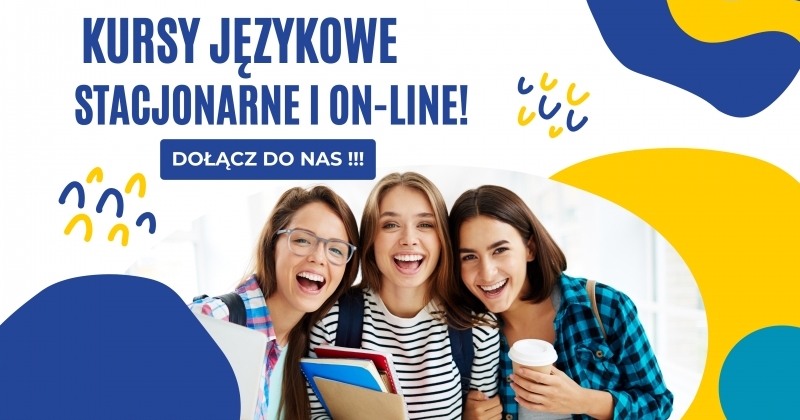 grafika promująca kursy dokształcające. Na pierwszym planie trzy roześmiane studentki. Kolorystyka żółto-niebieska