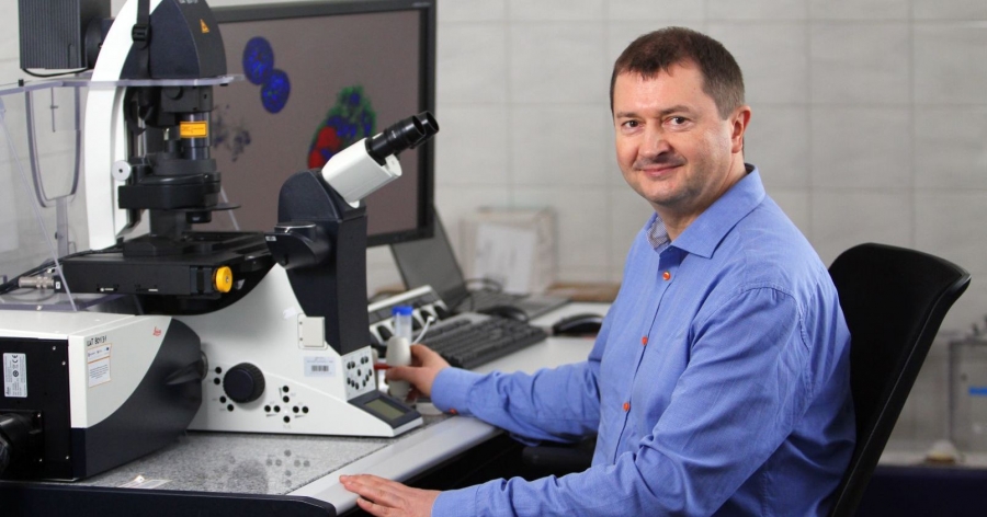 Dr hab. Dariusz Jan Smoliński prof. UMK siedzi w laboratorium przy mikroskopie