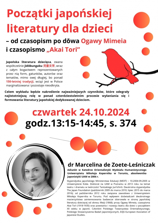 Plakat promujący wykład dr Marceliny de Zoete-Leśniczak. 